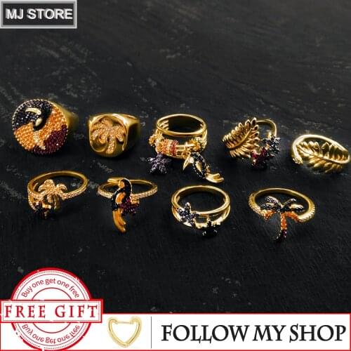 925 Sterling Silver Ring Monaco Rings For Women Zircon Tropical Flowers Palm Tree Toucan Ring Golden Ring Luxury Brand Jewelry