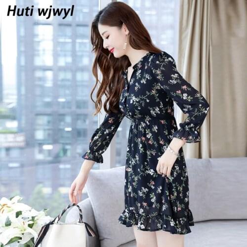 2021 Vintage Print Long Sleeve Mini Dresses Autumn Winter 3XL Plus Size Floral Chiffon Dress Elegant Women Bodycon Party Vestido
