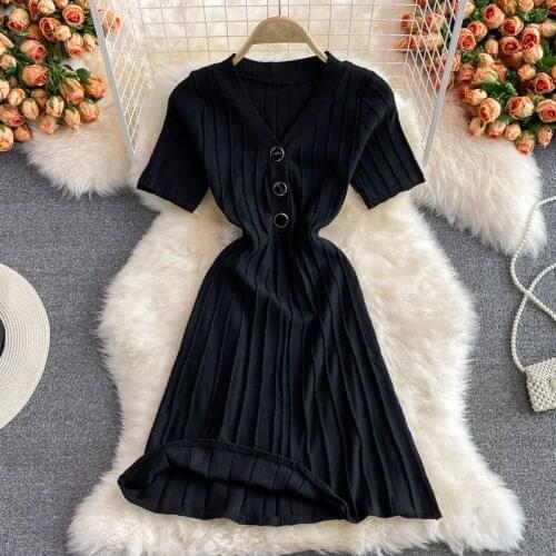 Black Knitted Dress Vestido De Mujer Office Lady Solid Robe Femme Short Sleeve Basic Ribbed Maxi Dresses Ladies Vintage Clothes