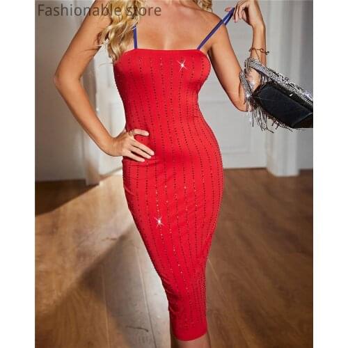 Studded Spaghetti Strap Slit Party Dress Women Sleeveless Backless Bodycon Dress