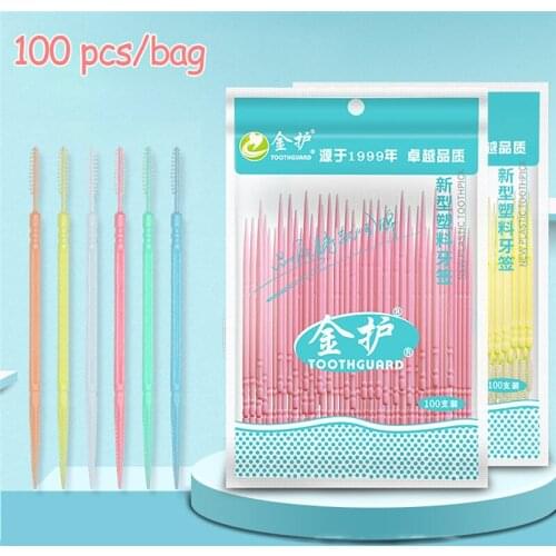 100pcs Double-headed Dental Brush Teeth Sticks Floss Pick Toothpick Tooth Clean Oral Care Interdental brush Food grade PP 63mm