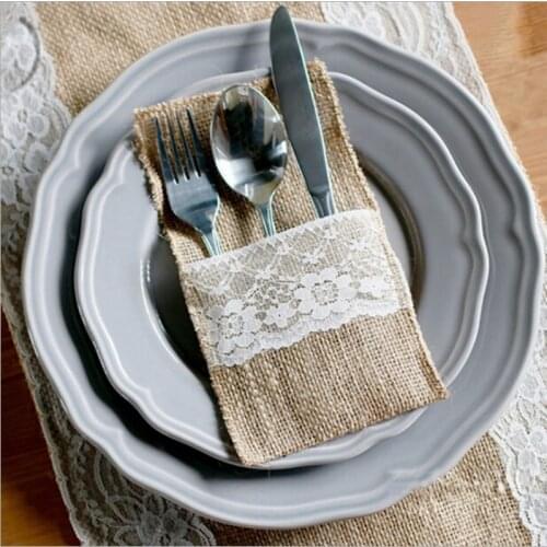 100pcs Burlap Lace Cutlery Pouch Wedding Tableware Pouch Party Holder Bag 4" x 8" Hessian Rustic Jute Table Decoration