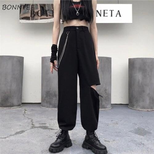 Pants Women Hole Streetwear Hip Hop Loose Summer Design Cool Harajuku Teens Solid Leisure BF Trendy All-match Female Ins Newest