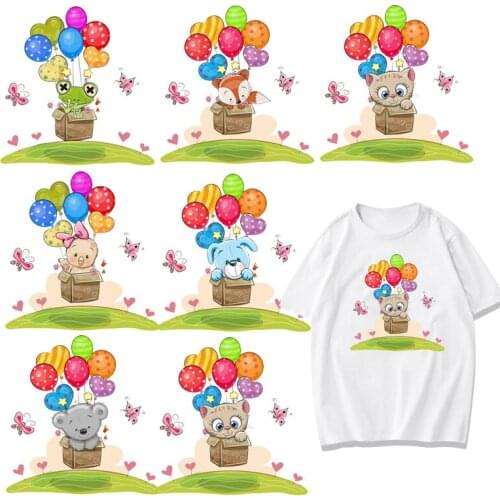 DIY Cute Animals Iron On transfers Patches Cat Bear Frog Hot Air Balloon Patch For Boy/girl Stripes Clothes Sticker Decoration F