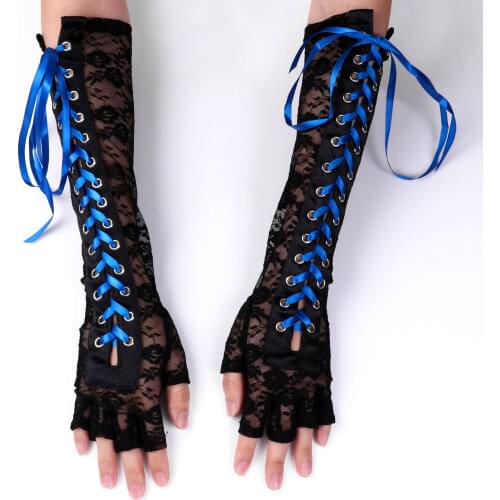 Long Ribbon Straps Crisscross Tied Gloves See Through Lace Arm Sleeves Sexy Bride Wedding Gloves Fingerless Lace-Up Party Glove