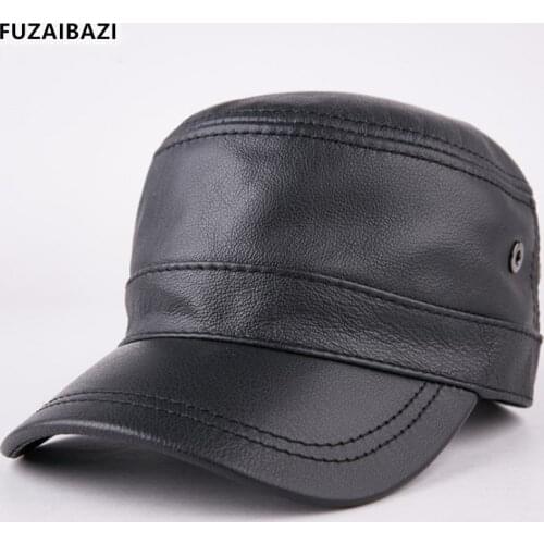 FUZAIBAZI Fashion New Genuine Leather Winter Man Leisure Military Hats Cowhide Comfortable Keep Warm Flat Cap Adjustable Size