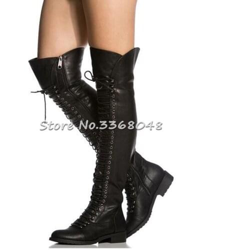 Gullick Women Winter New Fashion Over The Knee Lace Up Long Boots Black Brown Leather Flat Warm Boots Side Zipper Female Shoes