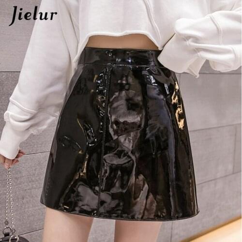 Jielur 2020 New High Waist PU Leather Skirt Female Shiny Bright Women Skirts Pure 5 Colors A-line Sexy Lady Red Short Saia S-2XL