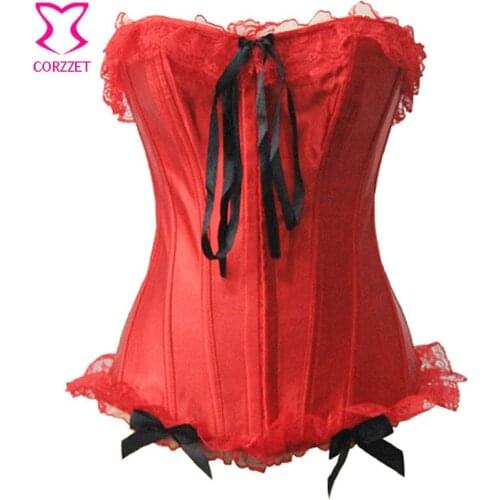China Red Satin Corsets For Sales! Sexy Corset Overbust Lace Trim Corpete Korsett Women Bustier Tops Corselet Gothic Clothing