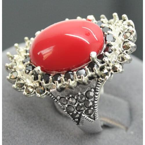 Wholesale good noble 16*27mm 925 STERLING SILVER MARCASITE RED CORAL RING SIZE 7/8/9/10 Genuine Natural stone gems Fortune Fine