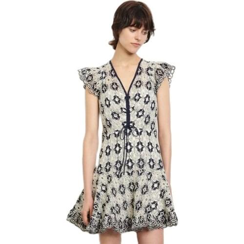 BunniesFairy 2021 Summer Bohemian Boho Style Ethnic Vintage Flower Embroidery Lace V-neck Hollow Out Ruffles Sleeve Mini Dress