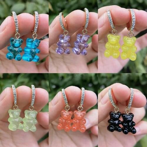 Fashion Cute Transparent Resin Bear Earrings for Women Shiny Rhinestone Hoop Huggies Earrings Wholesale Jewelry Girls Bijoux