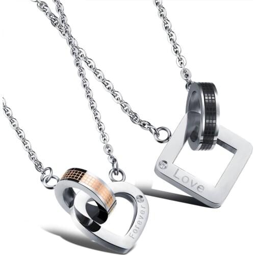 Stainless Steel Zircon Black Rose Gold Color Geometric Shape Pendant Necklace Couple Anniversary Necklaces Jewelry for Women Men