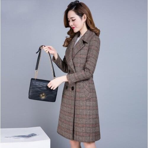 New Autumn Korean Slim Fit Plaid Long Winter Wool Coat Women Plus Size M-4XL Lapel Overcoat Female Jacket Abrigos Mujer Elegante