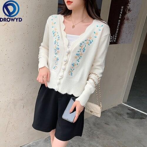 2021 Autumn and Winter New Korean Style Slim Lace Embroidery Single-breasted Knit Cardigan Sweater Fashion V-neck Sexy Sweater