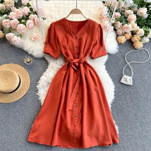 Spring French Retro Vestidos Womens V-neck Short-sleeved Lace-up Waist Was Thin and Fashionable Solid Color Midi Dress C733