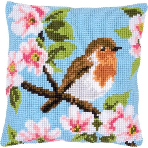Cross Stitch Cushion Front Robin & Blossoms Needlepoint Kits Printed Canvas Chunky Yarn Cross-stitch Pillow Case Arts & Crafts