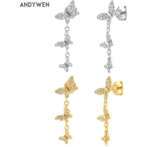 ANDYWEN 925 Sterling Silver Three Butterfly Zircon CZ Drop Earring 2021 Wedding Gift Fashion Fine Jewelry Rock Punk Clips