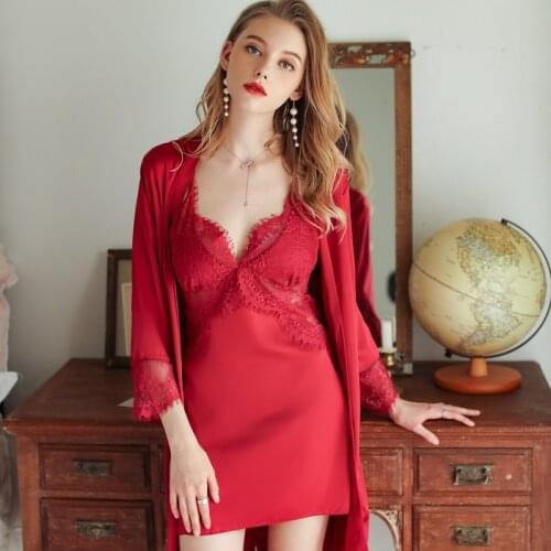 Women Sexy Sleepwear 2PCS Nighty&Robe Suit Satin Nightwear Lace Perspective Intimate Lingerie 2021 New Nightdress Kimono Gown