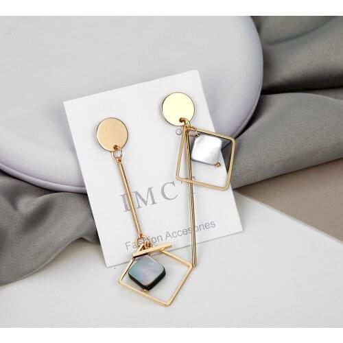 Ladies Korean Fashion Bohemian Geometric Square Asymmetric Pendant Earrings Crystal Pearl Earring Jewelry