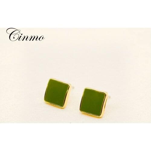 Cinmo Classic Green Square Piercing Stud Earrings For Women Girls Korean Statement Cute Earrings Trendy Party Jewelry Gifts