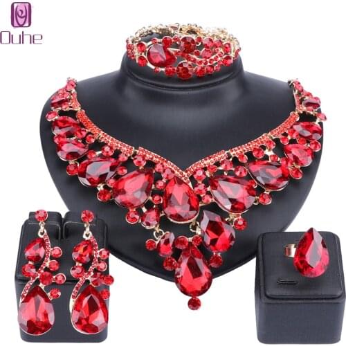 Women Bridal Jewelry Sets Wedding Necklace Earring Bracelet Ring For Brides Bridesmaid Party Accessories Crystal Decoration