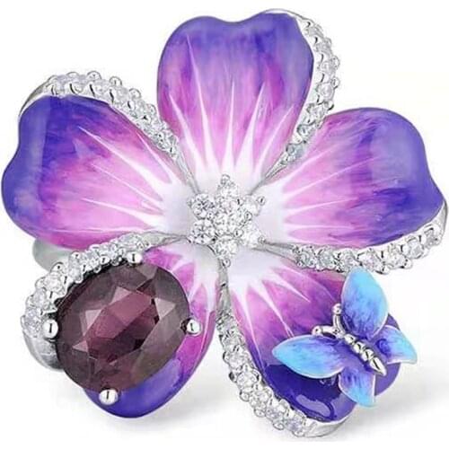 Milangirl Female Luxruy Butterfuly Flower Ring Purple Rhinestone Stone Rings Wedding Band Promise Love Engagement Rings