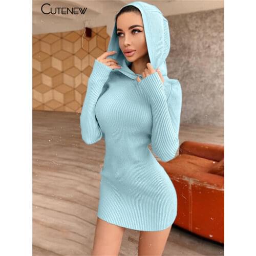 Cutenew Y2K Solid Kintted Long Sleeve Hooded Bodycon Mini Dress For Women 2021 Autunm Simply Casual Slim Stretch Lady Streetwear