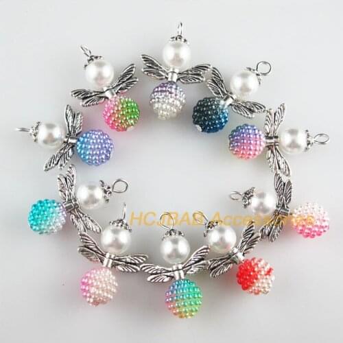 10 New Angel Charms Tibetan Silver Tone Mixed Acrylic Waxberry Ball Pendants 20x29mm