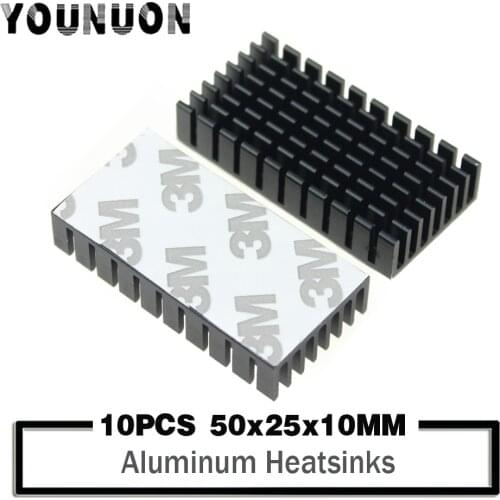 10Pcs YOUNUON 50x25x10mm Heatsink Aluminum Black Anodize Heat Sink Cooler With 9448A 3M Tape 50*25*10mm
