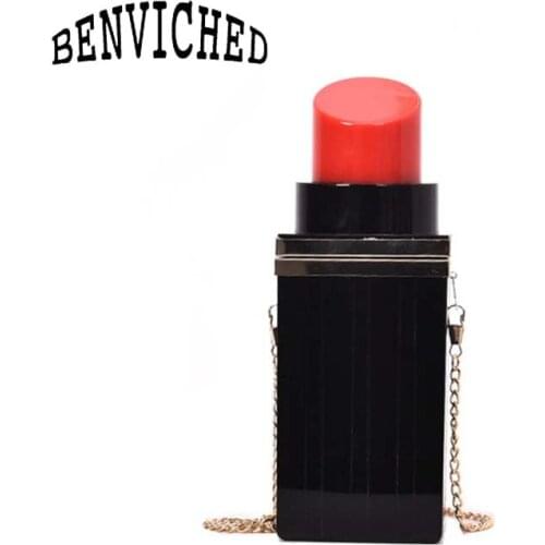 BENVICHED Women Personality Acrylic Lipstick Shape Evening Bags Vintage Banquet Purses Wedding Party Clutch Chain Handbag B053