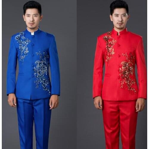 Blazer men formal dress latest coat pant designs chinese tunic suit men costume marriage wedding suits for mens red blue 2XL