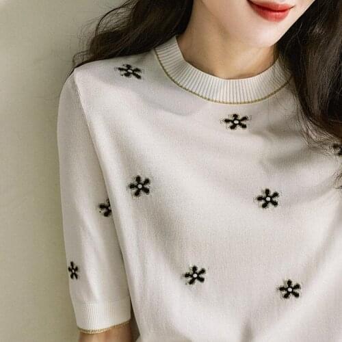 Dynamic Knitting-Shirt Light Summer Fiu Bright Gold Silk Flowers More Beautiful Sunlight O-Neck Short Sleeve Pull Women Clothing