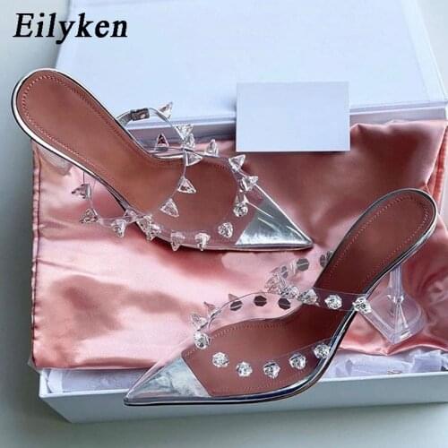 Eilyken 2021 New PVC Transparent silver Rivet Pumps Perspex Heel High Heels Pointed Toe Crystal Bling Slingbacks Women Pumps