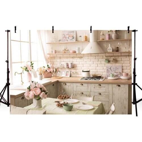 Kitchen Dining Table Cupboard Flower Vase Photography Backgrounds Customized Photographic Backdrops for Photo Studio
