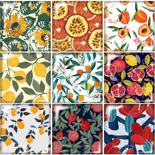 Fruit Flowers pattern Square glass cabochon mixed 12mm/20mm/25mm/30mm Size flat back DIY Jewelry Findings Components FB0005