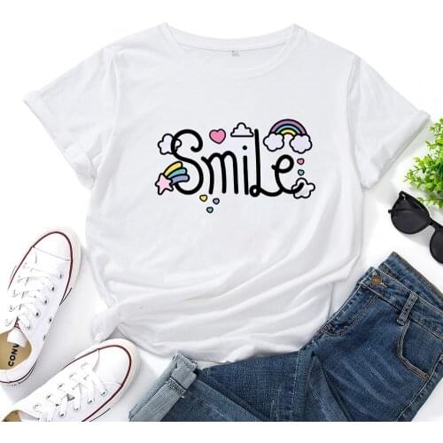 Smile Womens T Shirt Tops Cute Clouds Love Rainbow Letters Graphic Tees Women Harajuku O-neck Casual Cotton T-shirt Women