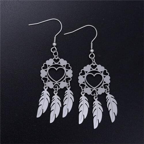 Julie Wang Dream Catcher Drop Earrings Stainless Steel Feather Lotus Heart Bohemia Fashion Women Earrings Jewelry