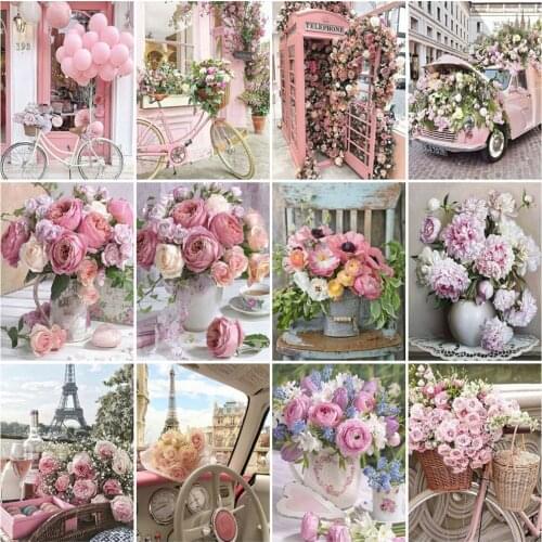 HUACAN DIY Frame Picture By Numbers Tower Wall Art On Canvas Acrylic Unique Gift Painting By Numbers Flower For Living Room