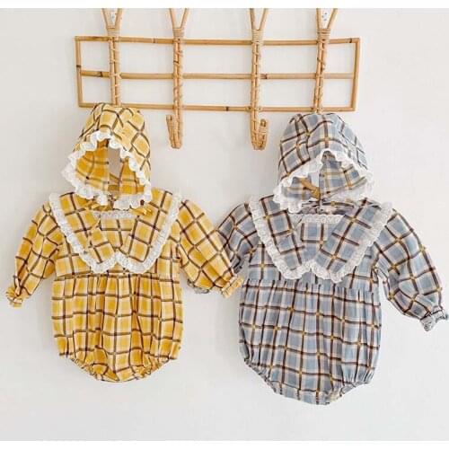 Autumn Baby Girl Bodysuits Cotton Lattice Princess Crawling Clothes Baby Girl Lace Lapel One-Piece Suit Baby Bodysuit With Hat