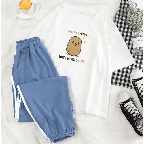 Two Piece Set Women Cartoons Cute Loungewear Women Homewear Couple Pajamas for Lovers Letter Potato Print Casual Tops Suit