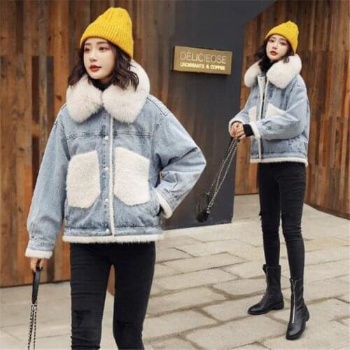 Cowboy Cotton Coat2021Autumn Winter New Fur Collar Plus Velvet Denim Jacket Women Short Loose Thickened Jeans Outwear Female 364