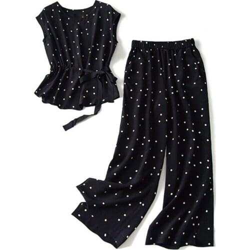 Fashion black sleeveless polka dot chiffon shirt and pants two-piece suit 2021 summer plus size Korean wide-leg pants top suit
