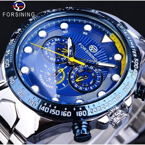 Forsining Brand 2019 Men Automatic Blue Sports Watch Stainless Steel Band Waterproof Clock Mechanical Business Relogio Masculino