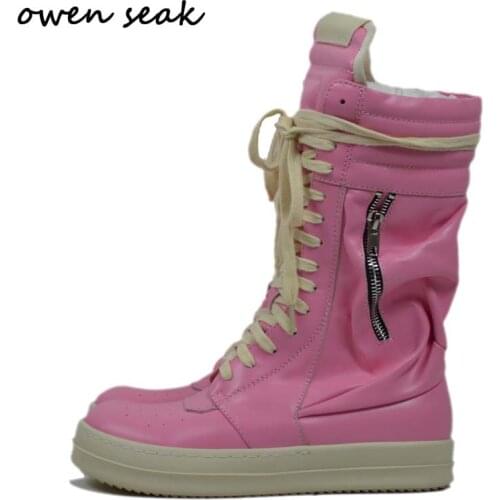 Owen Seak Women Motorcycle Leather Men High-TOP Luxury Mid-Calf Winter Riding Boots Sneaker Lace Up Casual Zip Flats Black Shoes