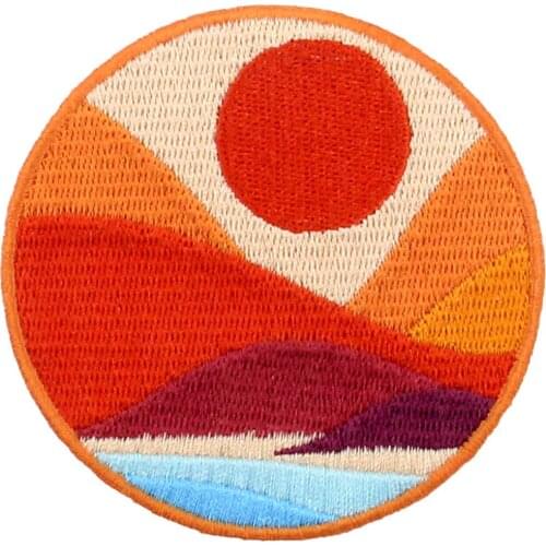 Embird patches handmade embroidered patches for hats Seaside with the Brilliant Mountains 3D applique iron on backing patch