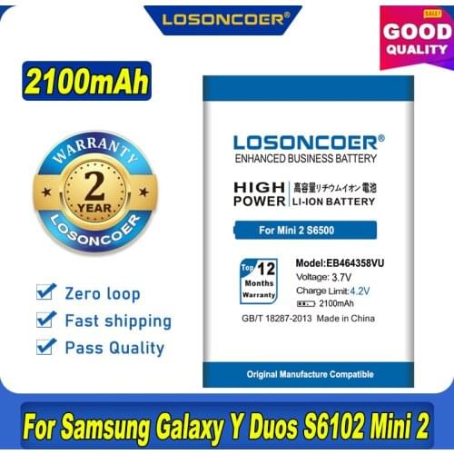 Original LOSONCOER 2100mAh EB464358VU For Samsung Galaxy Y Duos S6102 Mini 2 S6500 S6802 Galaxy Ace Plus S7500 S7508 Battery