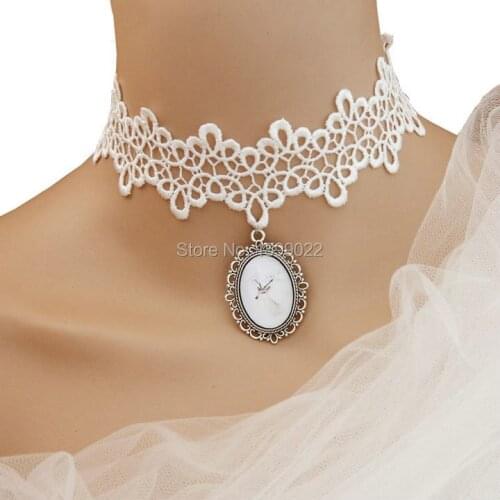Forest Mori Girl Necklace Reindeer Image Oval Pendant White Lace Chocker Fresh Women Young Lady Artistic Jewellery Neck Wear