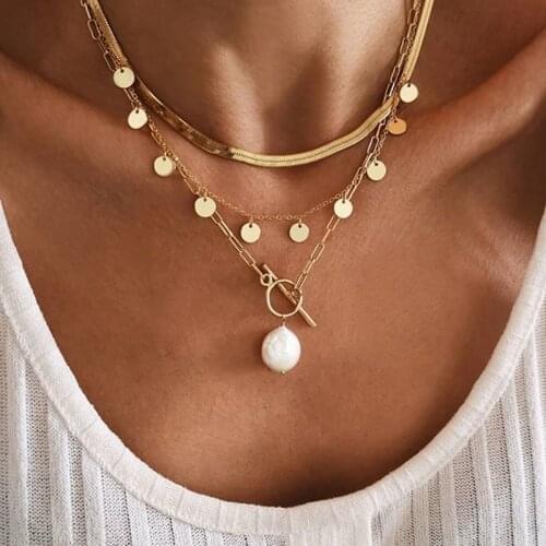 ZOVOLI Layered Pearl Pendant Necklace OT Buckle And Metal Round Sheet Necklaces For Women Fashion Jewelry Gift 2020