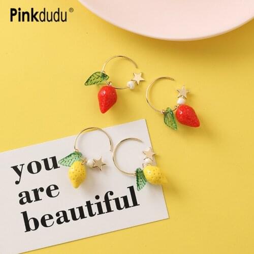 Pinkdudu Korean Cute Sweet Resin Gold Star Earrings Acrylic Fashion Lovely Red strawberry Drop Earrings Jewelry for Women OG081